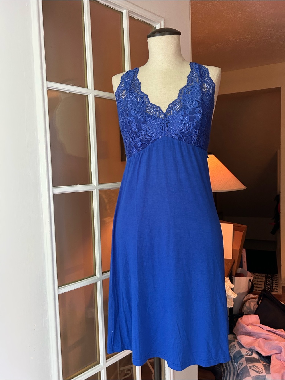 Fleur’t belle époque sapphire blue lace racer back chemise slip dress. Medium - Picture 3 of 9